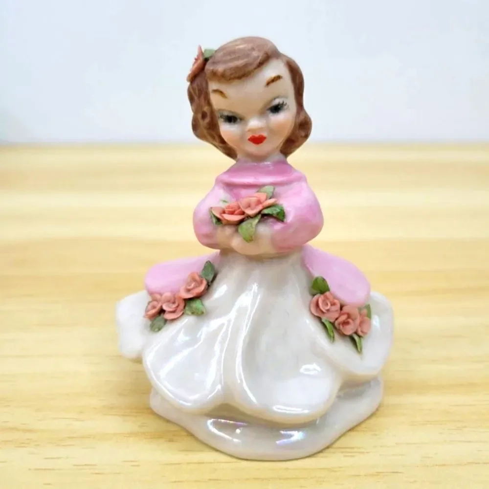 Vintage Pink & Lustery Girl with Applied Flowers Ceramic Figurine